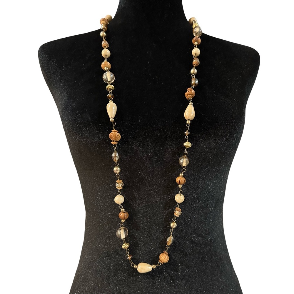 Vintage Necklace Glass Wood Beads Cream Brown Gold Tone 40 Inch Length